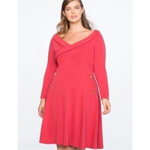 NWT Eloquii Red Dress Gold Button Detail Fit & Flare Surplice V Neck Vintage